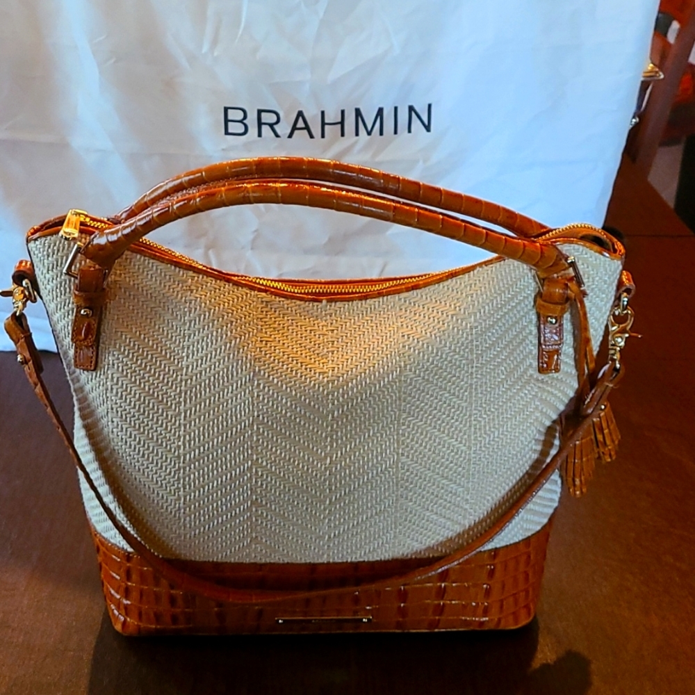 BRAHMIN leather and woven  bucket bag